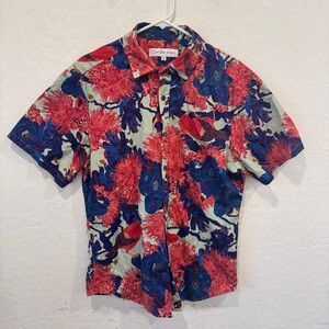 David Shepard Hawaii Shirt Mens Large Red Blue Floral Aloha Hawaiian Cotton
